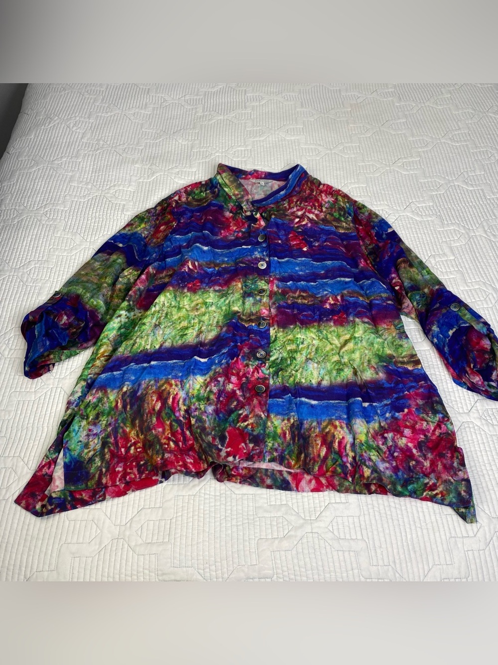 John Mark Button Up Blouse Abstract Tie Dye Top Roll Tab Sleeve Shirt Women 3X